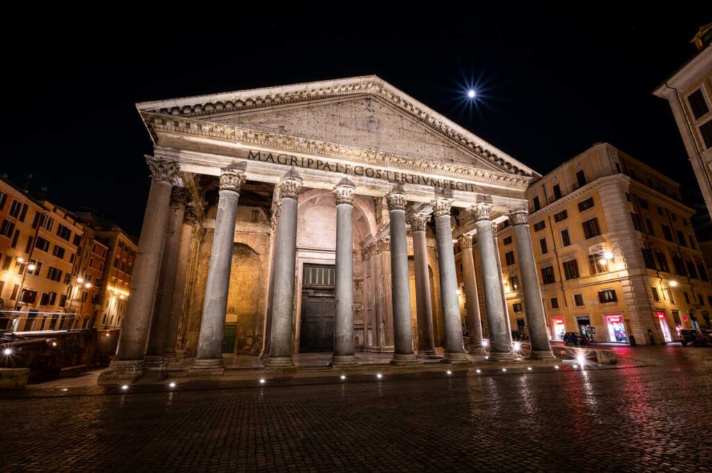 Night architectural photography of Pantheon in Rome